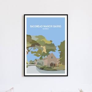 Bassmead Manor Barns travel poster | Wedding venue gift, UK art print
