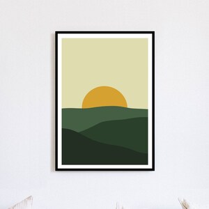 Berg Sonnenaufgang Reise Poster | Abstrakte sanfte Hügel moderne Kunst | Digitales Poster, digitaler Download
