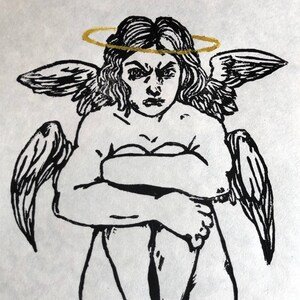 Bad Mood - Angel Lino Relief Print with Handpainted Detail