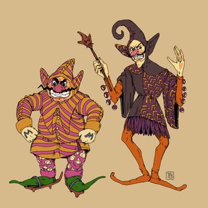 May include: Two cartoon characters dressed as jesters. One is wearing a purple and orange striped suit with a red nose and a mustache. The other is wearing a purple and orange patterned suit with a green hat and a red nose. The character on the left is holding a staff.