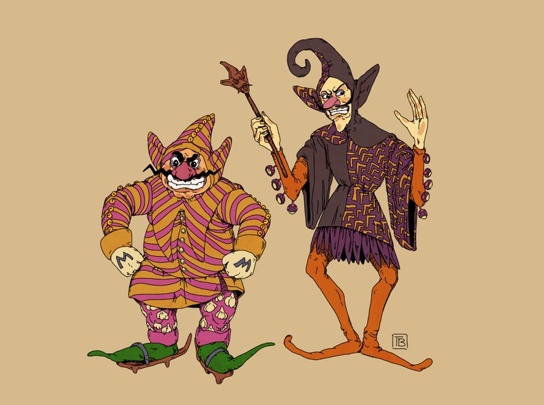 May include: Two cartoon characters dressed as jesters. One is wearing a purple and orange striped suit with a red nose and a mustache. The other is wearing a purple and orange patterned suit with a green hat and a red nose. The character on the left is holding a staff.