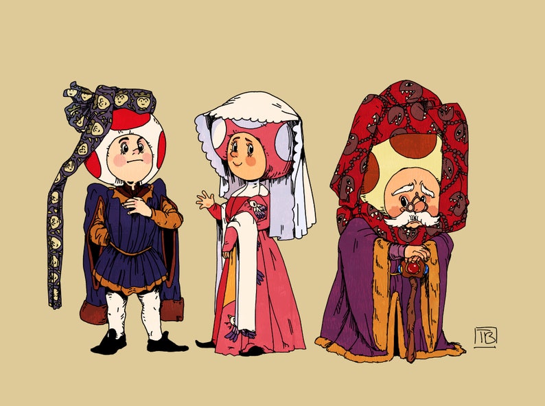 May include: Three cartoon characters dressed in medieval clothing. The characters are wearing red and white mushroom hats with a yellow face and black eyes. The character on the left is wearing a purple and gold robe with a red and white patterned scarf. The character in the middle is wearing a pink and gold dress with a white veil. The character on the right is wearing a purple and gold robe with a red and white patterned hood.