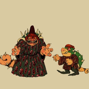 May include: Two cartoon characters, one large and one small, are depicted in a hand-drawn illustration. The larger character is a red and green creature with a crown and a long tail. The smaller character is a green and red turtle-like creature with a crown. Both characters have angry expressions.
