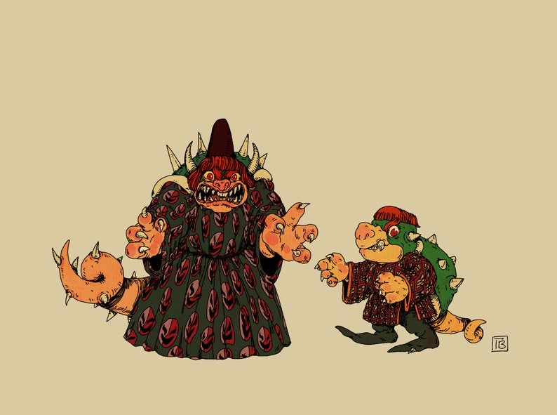 May include: Two cartoon characters, one large and one small, are depicted in a hand-drawn illustration. The larger character is a red and green creature with a crown and a long tail. The smaller character is a green and red turtle-like creature with a crown. Both characters have angry expressions.