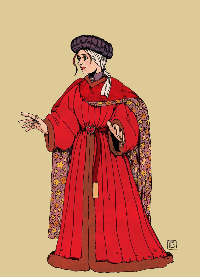 May include: A woman in a red robe with a patterned shawl, a white head covering, and a purple hat. She is wearing a belt with a heart-shaped buckle.