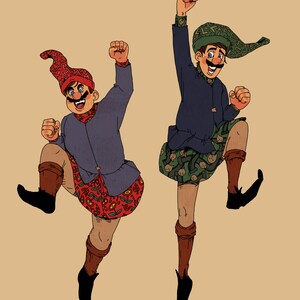 May include: Two cartoon figures wearing colorful hats and patterned clothing are jumping in the air with their arms raised. The figures have mustaches and are smiling.