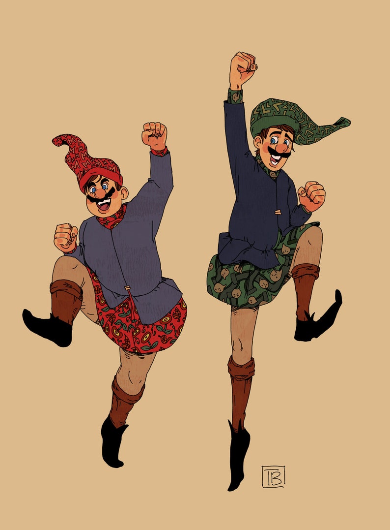 May include: Two cartoon figures wearing colorful hats and patterned clothing are jumping in the air with their arms raised. The figures have mustaches and are smiling.