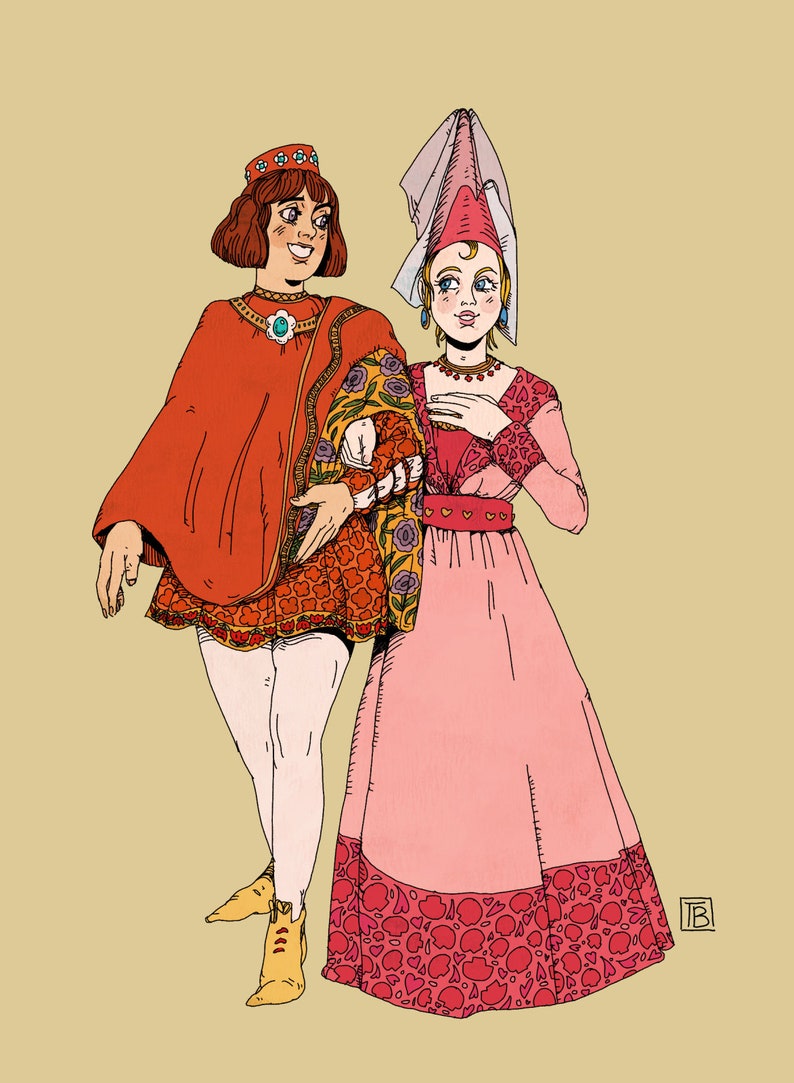 May include: A couple in medieval clothing. The man is wearing a red and orange robe with a floral pattern and a crown. The woman is wearing a pink dress with a floral pattern and a white head covering.