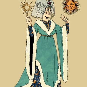 May include: A woman in a teal gown with a white fur trim and a star-patterned lining. She wears a white headdress with a star and a jewel. She is holding up a gold star and a sun with a face.