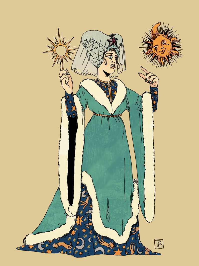 May include: A woman in a teal gown with a white fur trim and a star-patterned lining. She wears a white headdress with a star and a jewel. She is holding up a gold star and a sun with a face.