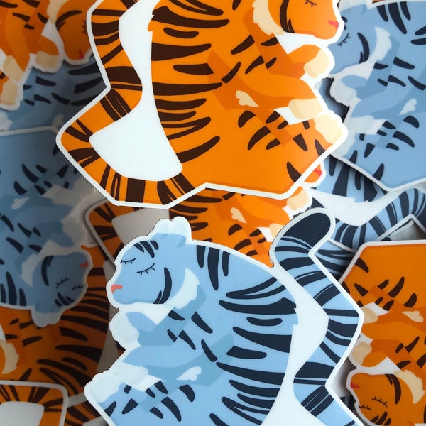 Sleepy Tiger, Eco Friendly Soft Matte Sticker, Orange Tiger, Blue Tiger