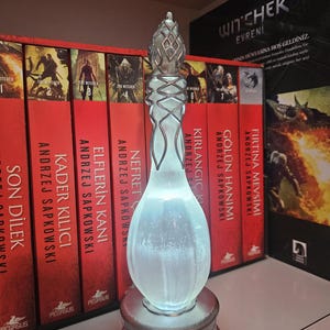 May include: A decorative, glowing glass sculpture with a silver base and intricate detailing. The sculpture is in front of a row of red books with gold lettering. The books are part of a series.
