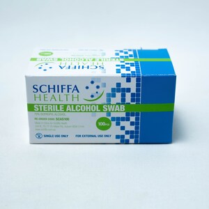 May include: A blue and green box of Schiffa Health Sterile Alcohol Swabs. The box contains 100 swabs and is labelled with the re-order code SCAS100. The box is labelled "Single Use Only" and "For External Use Only".