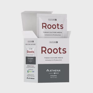 May include: A white box containing sachets of "Roots" tissue culture media. The box and sachets feature the text "Roots" in a bold, maroon font. The product is labeled "Tissue Culture Media Initiation & Production" and includes the "Athena" brand logo.