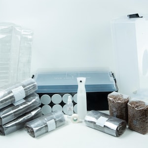 May include: A black plastic storage container with a clear lid, filled with various items for mushroom cultivation. The items include clear plastic bags filled with brown substrate, a clear plastic spray bottle, a small clear plastic bottle with a dropper, a roll of clear tape, and two clear plastic bags filled with brown grains.