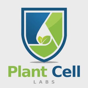 May include: A logo featuring a blue shield outline containing a white drop shape and two green leaves. Below the shield, the text reads Plant Cell in green and blue, with the word LABS in smaller, spaced-out blue capital letters underneath.