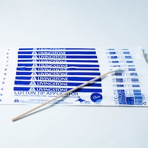 May include: A pack of 10 sterile cotton tip applicators with single ended wooden stems. The applicators are 15 cm long and are individually wrapped. The pack is labelled "Livingstone Cotton Tip Applicator".