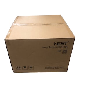 May include: A brown cardboard box with the NEST Biotechnology logo and website information printed on the side. The box has a black and white QR code and a symbol for fragile items.