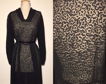 Vintage 1940s dress Black Devore Illusion L