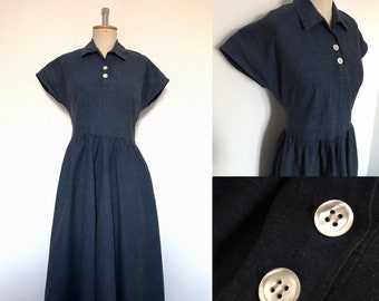 Vintage 1940s Blue Day Dress Cap Sleeves