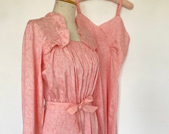 Vintage 1940s Pink Floral Nightgown and Slip Set