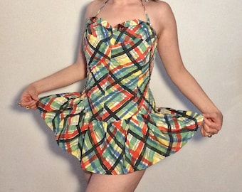 Vintage 1950s Swimsuit / Paint Print / 50s Bathing Suit / Skirted Swimsuit / Pin Up