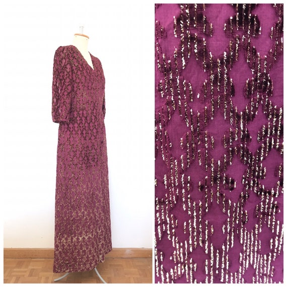 Vintage 1970s Purple Gold Lurex Devore Maxi Dress… - image 1