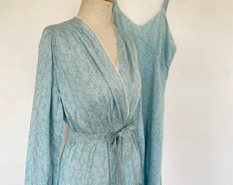 Vintage 1940s Blue Floral Nightgown and Slip Set