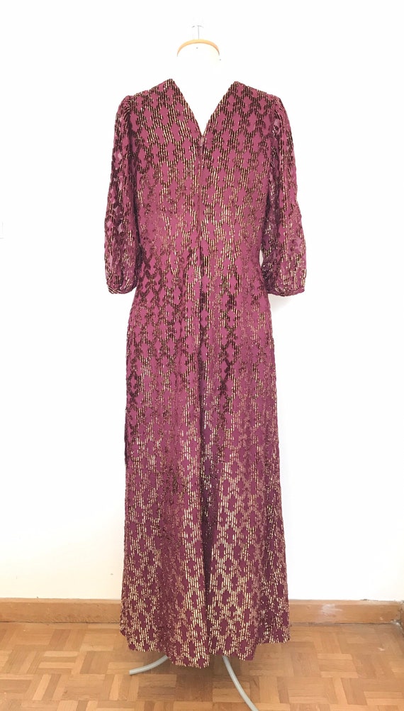 Vintage 1970s Purple Gold Lurex Devore Maxi Dress… - image 4