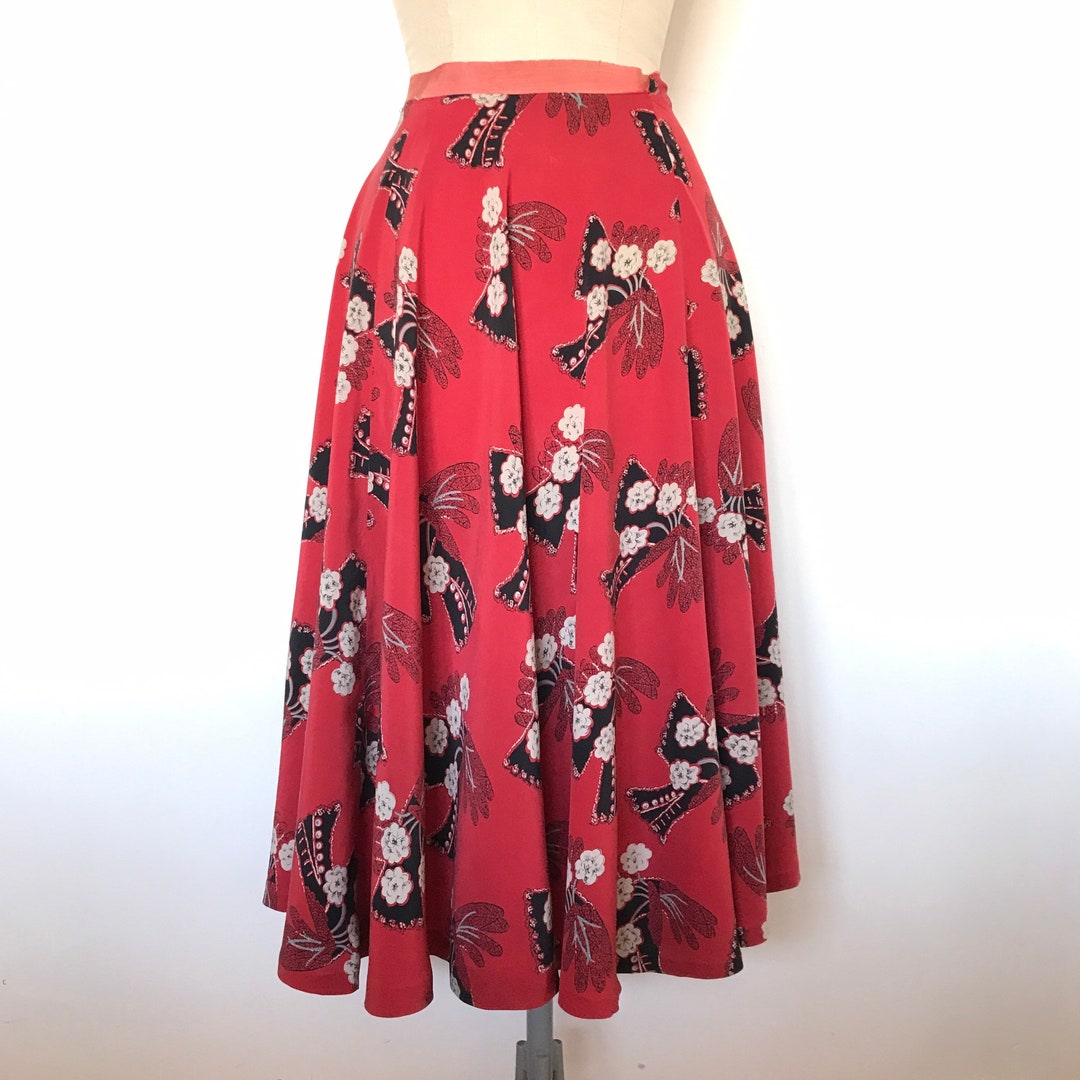 Vintage 1940s Red Silk Skirt Novelty Print Etsy