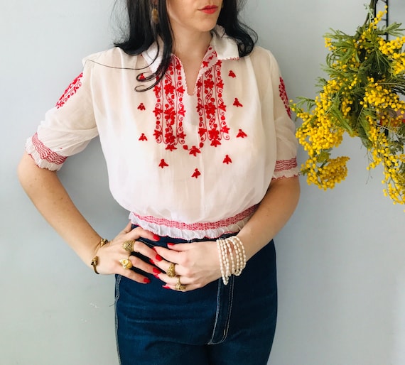 Vintage 1940s Hungarian Embroidered Peasant Blouse