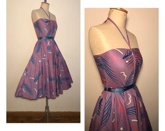 Vintage 1980s Lilac Halter Dress Novelty Print