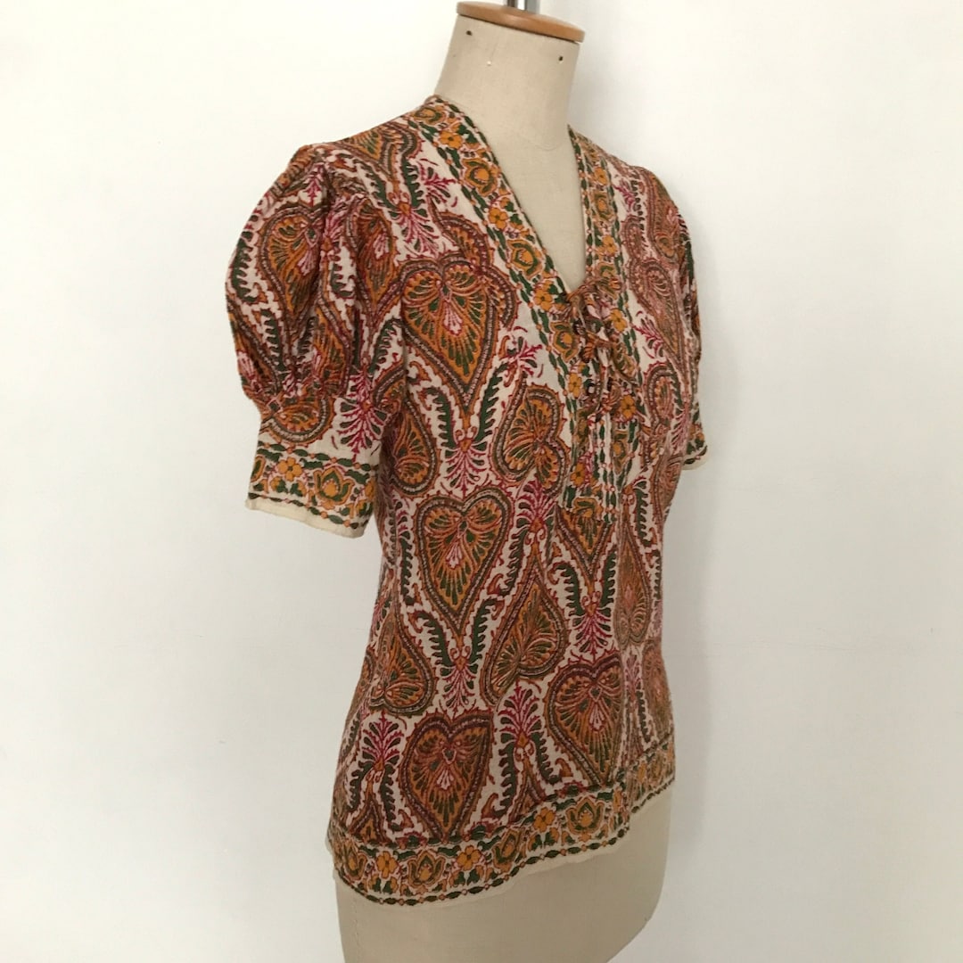 Vintage 1970s Rare Indian Block Print Top / 70s Lace up Blouse Hand ...