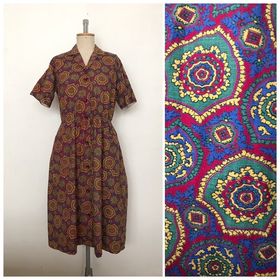 Vintage 1940s / 1950s Smock Waist Cotton House Dr… - image 1