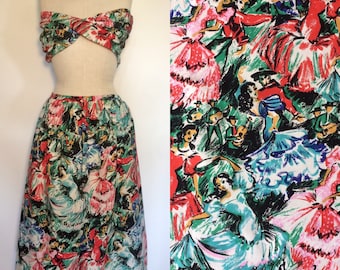 Vintage 1950s Skirt Novelty Print with Extra Fabric M