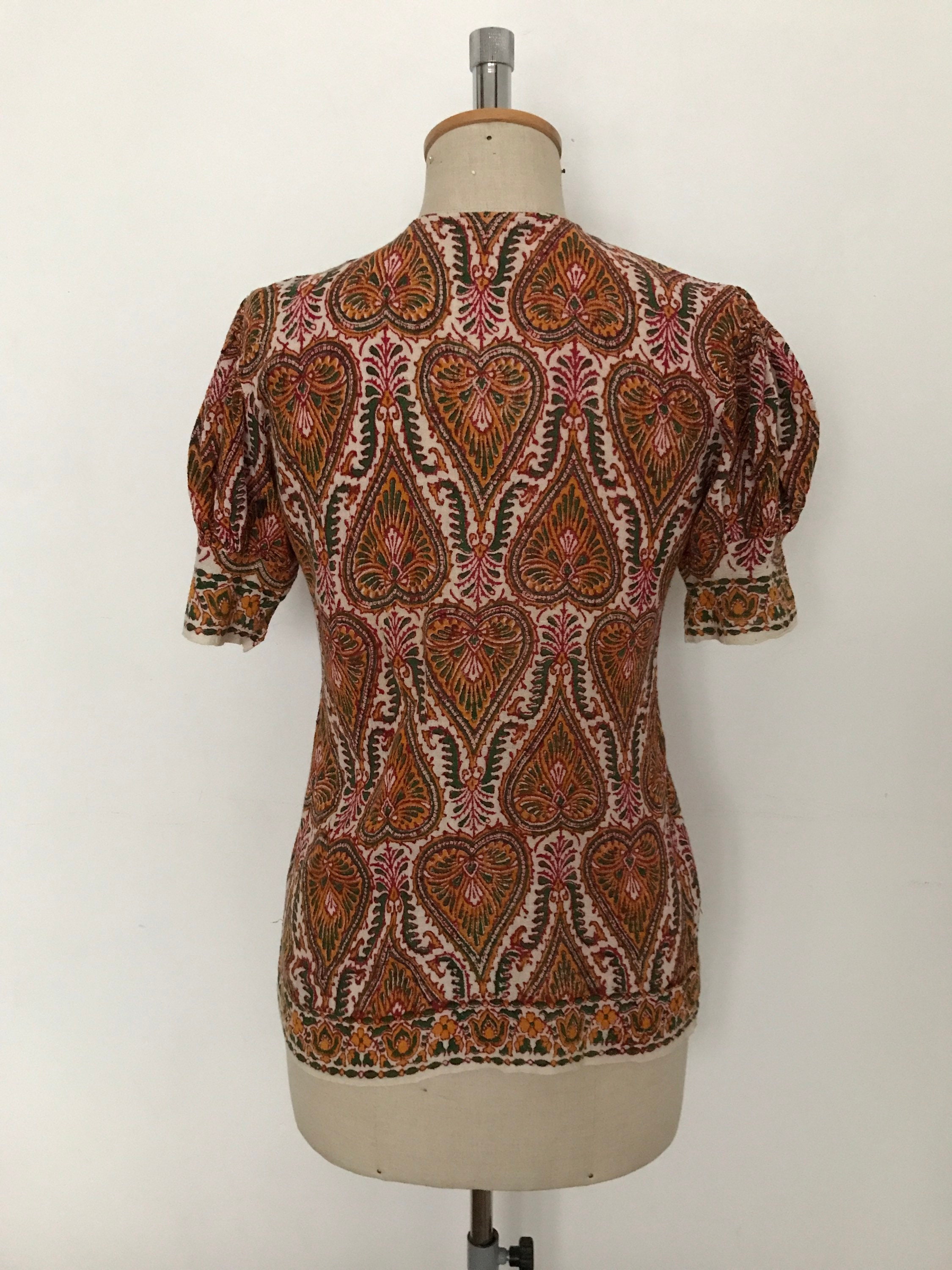 Rare Vintage 70’s India Gauze Block Print Cap Sleeve Top XS