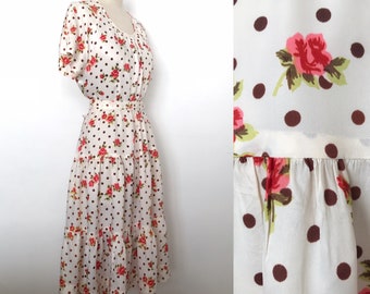 1960s Polka Dot Rose Print Dress