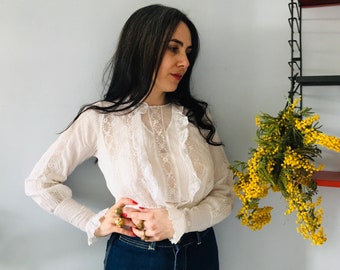 Antique Edwardian Blouse 1900s Cotton Lace Blouse