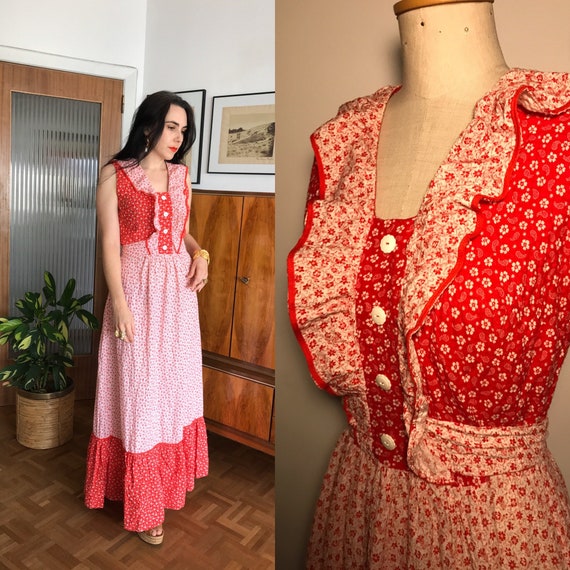 Vintage 1970s Seersucker Maxi Dress Red White Flor