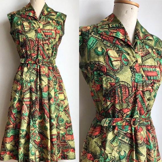Vintage 1950s / 1960s Green Novelty Print Dress