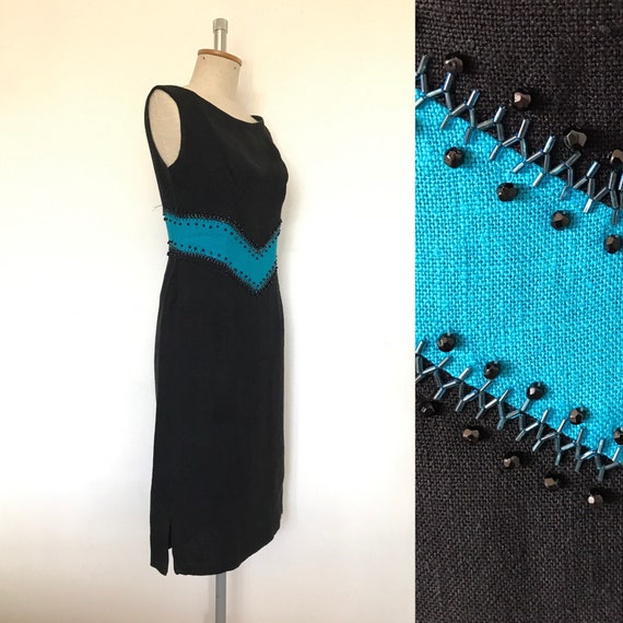 Vintage 1950s Wiggle Dress Beaded / 50s Linen Dre… - image 1