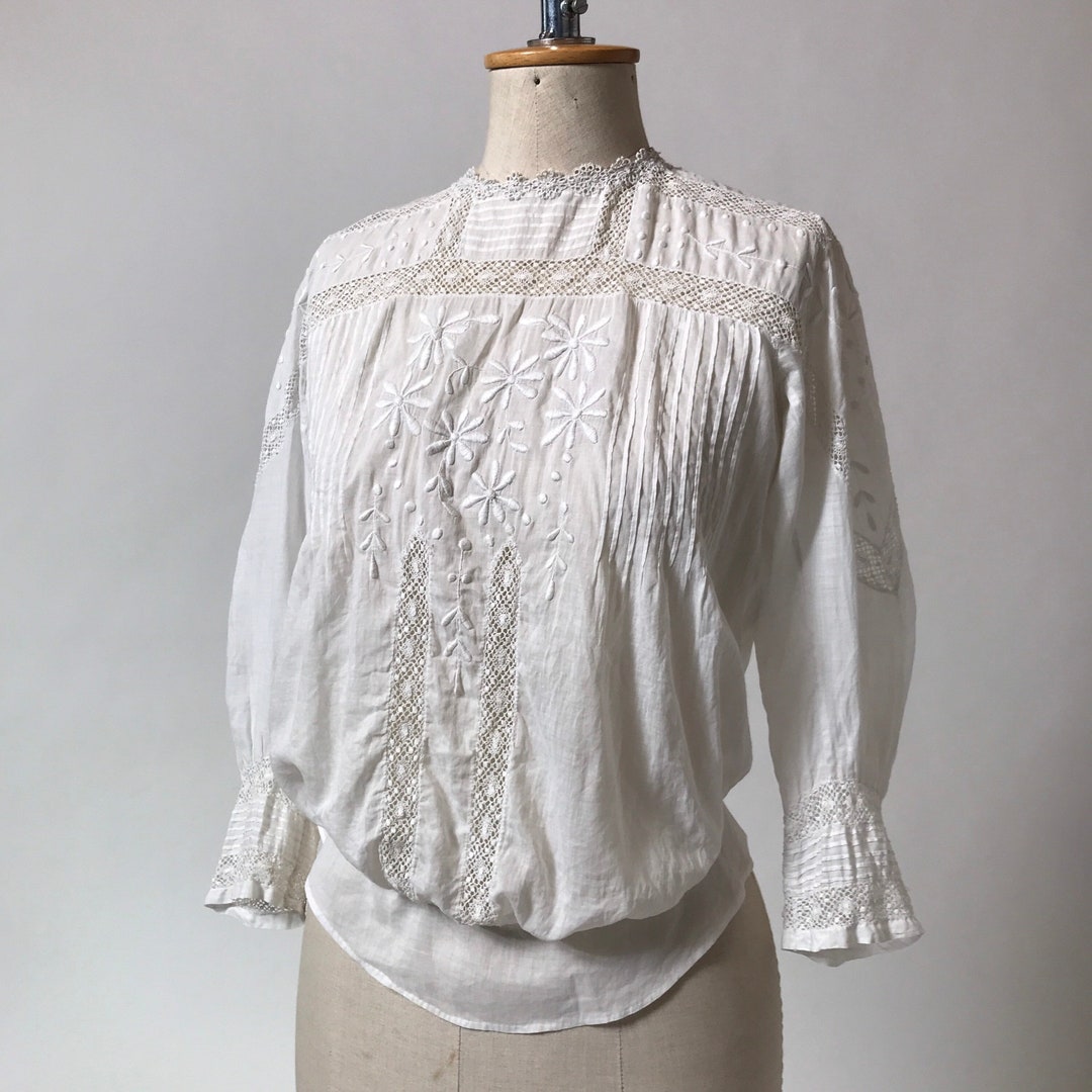 Chemisier Vintage Blanc Années 1900 - Coton Fin Avec Dentelle - Taille M - Très Bon État
