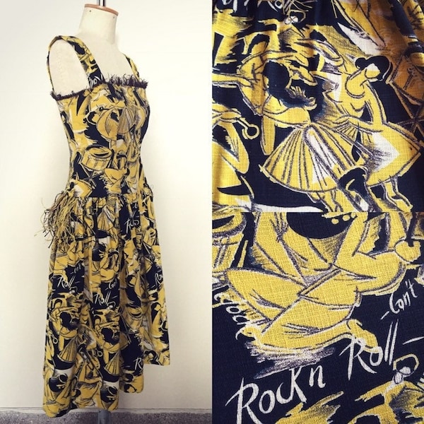 RARE robe vintage des années 1950 avec imprimé Rock'n'Roll Novelty