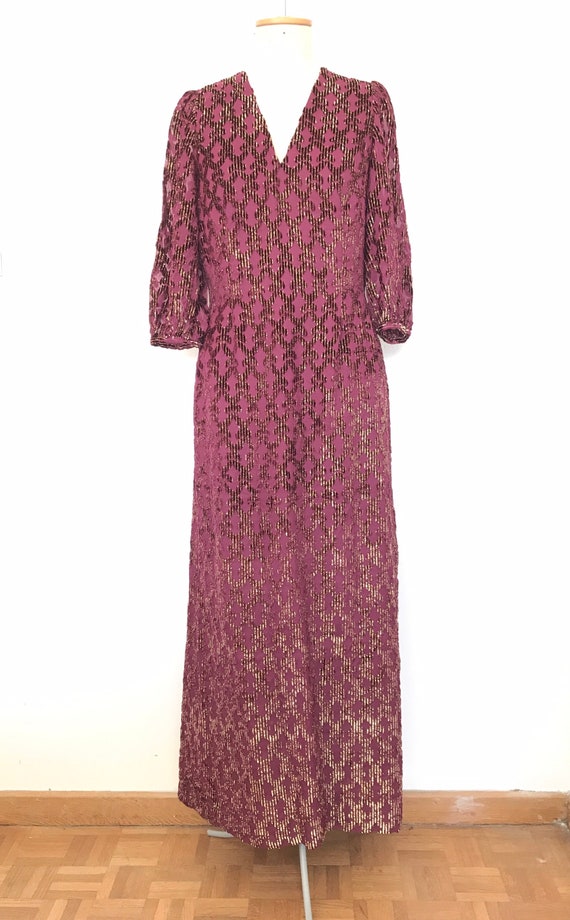 Vintage 1970s Purple Gold Lurex Devore Maxi Dress… - image 2