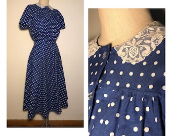 Vintage 1970S does 1930s Polka Dot Dress with Lace Collar