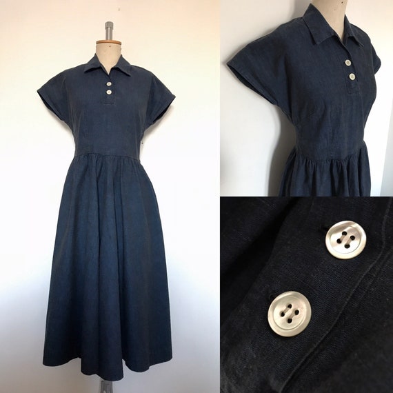 Vintage 1940s Blue Day Dress Cap Sleeves - image 1