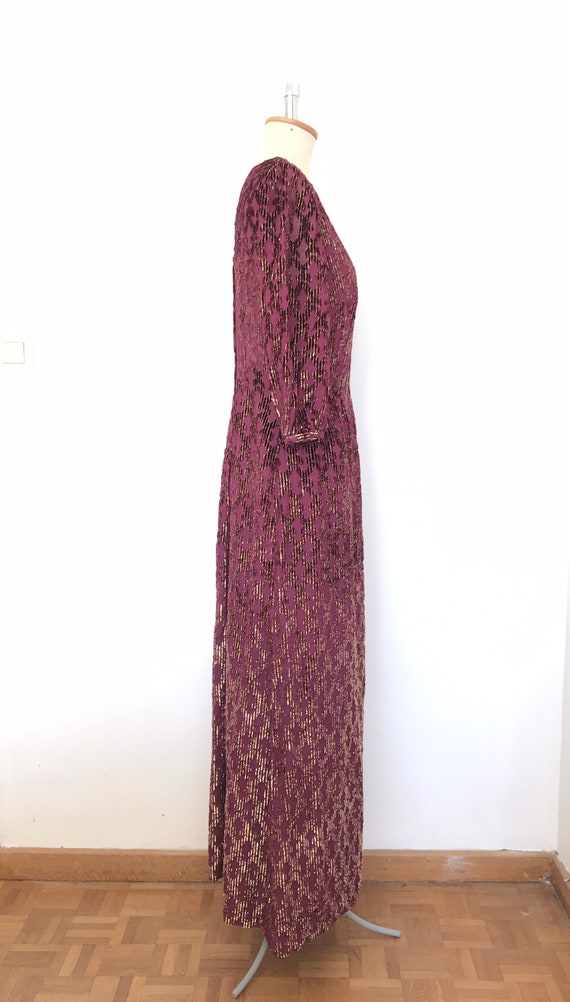 Vintage 1970s Purple Gold Lurex Devore Maxi Dress… - image 3