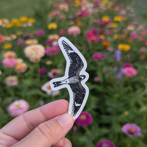 May include: A black and white sticker of a bird in flight. The sticker is being held in front of a field of pink, purple, and yellow flowers.