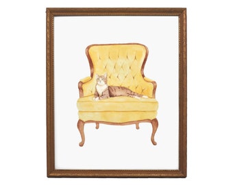 Cat in Chair Giclee Watercolor Print | Cat in Vintage Yellow Chair | 8x10" Fine Art Print