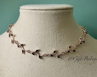 Delicate black leafy vine rose gold choker necklace, Elegant bridal regal wedding choker, Fantasy fairycore princess dark academia necklace